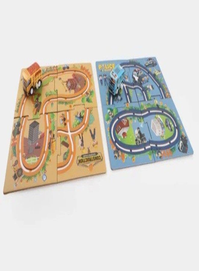 Meghasky 2-in-1 Puzzle Track Game Set with Wind-Up Vehicles, Police and Construction Theme, Interlocking Puzzle Pieces - Image 1